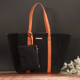 Bagsy Malone Black & Tan Solid Medium Tote Handbag with Pouch image 1