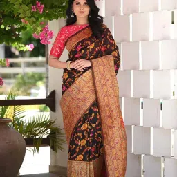 SHUBHKALA Black Silk Floral Print Saree With Unstitched Blouse image 1