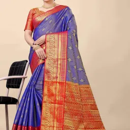 SHUBHKALA Blue Silk Woven Saree With Unstitched Blouse image 1