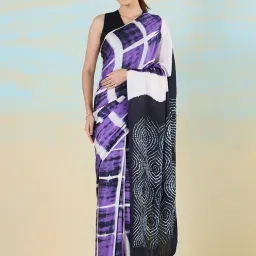 navyasa by liva Purple & White Geometric Print Saree With Unstitched Blouse image 1