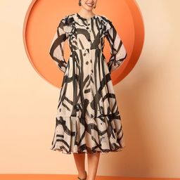 Antheaa Women Abstract Printed Mandarin Collar Ruffles Tiered Fit and Flare Midi Dresses-picture-2