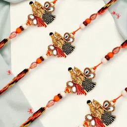 ADIVA Set Of 4 Krishna Kundan-Studded & Beaded Rakhis With Pooja Thali & Roli Chawal-picture-35