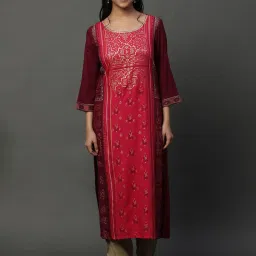 Aurelia Pink & Maroon Cotton Printed Straight Kurta image 1