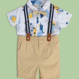 MINIKLUB Kids White & Beige Printed Shirt, Shorts, Bow with Suspender image 1