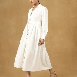 Powersutra White Solid Full Sleeves Fit & Flare Dress image 1