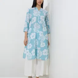 Utsa by Westside Blue Leaf Printed Straight Cotton Kurta image 1