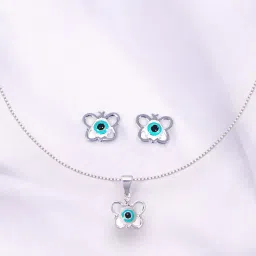 Taraash 925 Sterling Silver Butterfly Evil Eye Enamel Chain Pendant with Stud Earrings Set for Kids image 1
