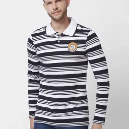 Giordano White Cotton Slim Fit Striped Polo T-Shirt image 1