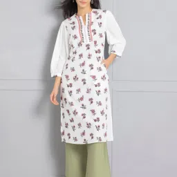 SHAYE White & Pink Floral Print Kurta image 1