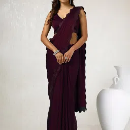 Soch Wine Chiffon Self Design Saree with Unstitched Blouse image 1