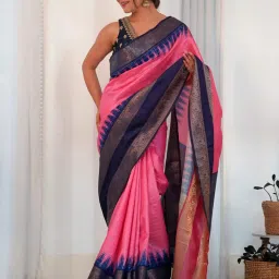 Saree Mall Pink & Blue Woven Saree With Unstitched Blouse image 1