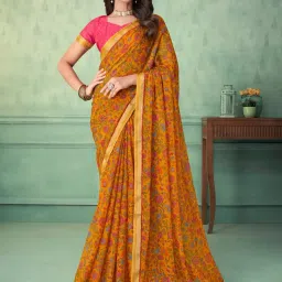 Saree Mall Mustard Printed Saree With Unstitched Blouse image 1