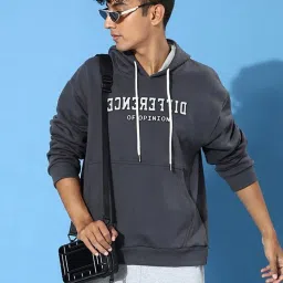 Difference of Opinion Grey Loose Fit Printed Hooded Sweatshirt image 1