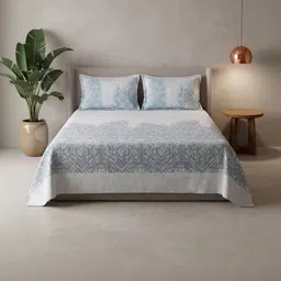 SOFT-ON White & Blue Geometric 210 TC King Bedsheet with 2 Pillow Covers image 5