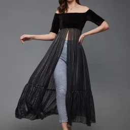 Miss Chase Black Striped Off Shoulder Half Sleeves Georgette Bardot Maxi Length Top image 1