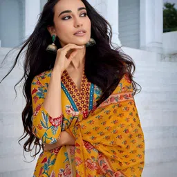 SINSINI Women Floral Printed Cotton A-Line Kurta with Palazzos & Dupatta image 4