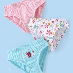Babyhug 100% Cotton Panties Dot & Floral Print Pack of 3- Pink Blue & White-image-68