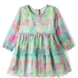 Babyhug Woven Full Peasant Sleeves Tie & Dyed Tiered Flared Frock - Sea Green-picture-23