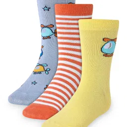 Cute Walk by Babyhug Cotton Lycra Knit Anti-bacterial Socks Strips & Helicopter Design Pack of 3 - Orange Yellow & Grey-picture-26