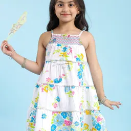 Babyhug Cotton Woven Sleeveless Floral Cambric Printed Tiered Ethnic Dress with Smock Detailing - White-picture-21