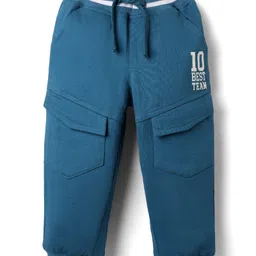 Babyhug Cotton Looper Knit Full Length Cut & Sew Lounge Pant with Text Print & Detailing - Teal Blue image 1