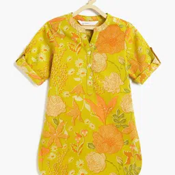 Campana 100% Cotton Three Fourth Sleeves Floral Printed Kurta - Lime Green & Orange-picture-27