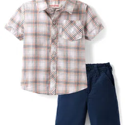 Babyhug Cotton Woven Half Sleeves Checks Shirt & Shorts Set - Beige & Navy Blue-picture-12