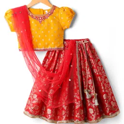 Babyhug Woven Half Sleeves Brocade Choli Lehenga & Dupatta Set With Floral Print & Sequin Detailing - Mustard & Red-picture-28