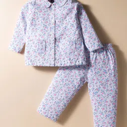 Evimo Single Jersey Knit Full Sleeves Co-ords Night Suit with Floral Print - White-picture-12