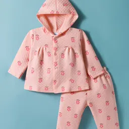 Tango Knit Full Sleeves Hooded Winter Wear Co-ords Night Suit With Floral Print - Pink-picture-29