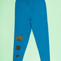 Kiddopanti Cotton Spandex Knit Heart & Floral Foil Printed Leggings - Turquoise Blue-picture-39
