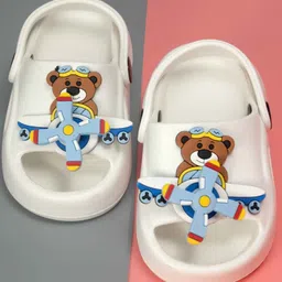 Yellow Bee Teddy Bear & Aeroplace Rotating Applique Detailed With Sling Back Clogs - White-image-7