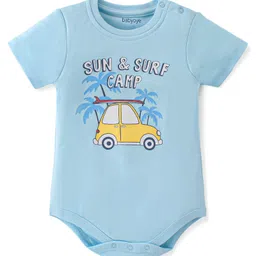 Babyoye 100% Cotton with Eco Jiva Half Sleeves Onesies With Mittens & Booties Text & Car Print - Blue image 2