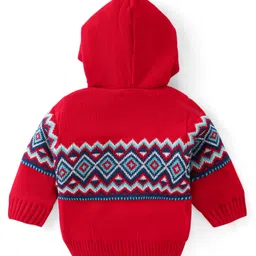 Babyhug Knitted Full Sleeves Aztec Design Hooded Sweater - Red image 2