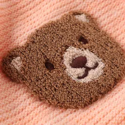 Babyhug Knitted Full Sleeves Front Open Hooded Sweater with Bear Embroidery - Light Peach image 3