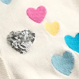 Bonfino 100% Cotton Knit Full Sleeve Front Open Sweater with Heart Embroidery & Sequin Detailing - White image 3