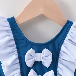 Kookie Kids Sleeveless Frock Solid Swimsuit with Bow Applique & Frill Detailing - Green image 5