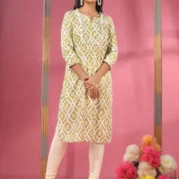 CHARUKRITI Yellow & White Cotton Printed Straight Kurta image 1