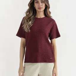 Elle Women Maroon Textured Crew Neck T-Shirt-picture-36
