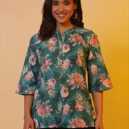 Aurelia Green Floral Print Cotton Straight Kurti image 1