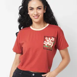 Spykar Brown Floral Print Crop T-Shirt image 1