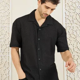 Styli Black Cotton Regular Fit Self Pattern Shirt image 1