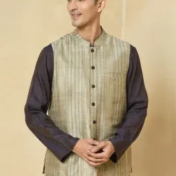 Fabindia Beige Comfort Fit Striped Nehru Jacket-image-30