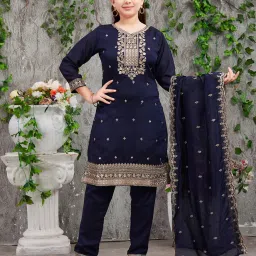 Aarika Kids Navy Embroidered Kurti, Pants with Dupatta image 1