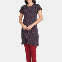 Kryptic Navy & Maroon Cotton Printed Long T-Shirt With Pyjamas image 1