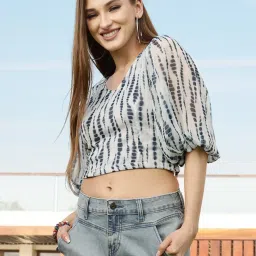 Sera Blue Printed V-Neck Top image 1