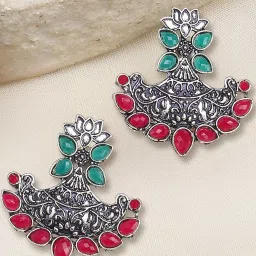 OOMPH Silver Oxidized Green & Red Lotus Shape Ethnic Drop Earrings image 1