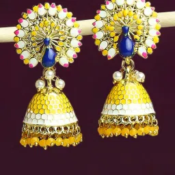 OOMPH Yellow Meenkari Peacock Design Jhumki Earrings image 1