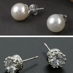 OOMPH Silver Round Crown Cubic Zirconia & White Pearl Stud Earrings - Set of 2 image 1