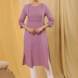 W Purple Cotton Embroidered Straight Kurta image 1